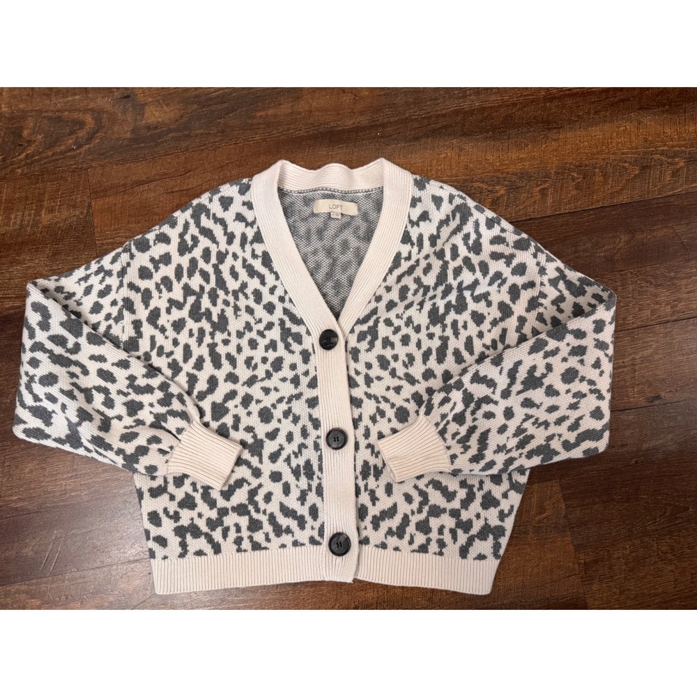 LOFT Leopard Print Cardigan Sweater Cream Gray Size Medium Button Front